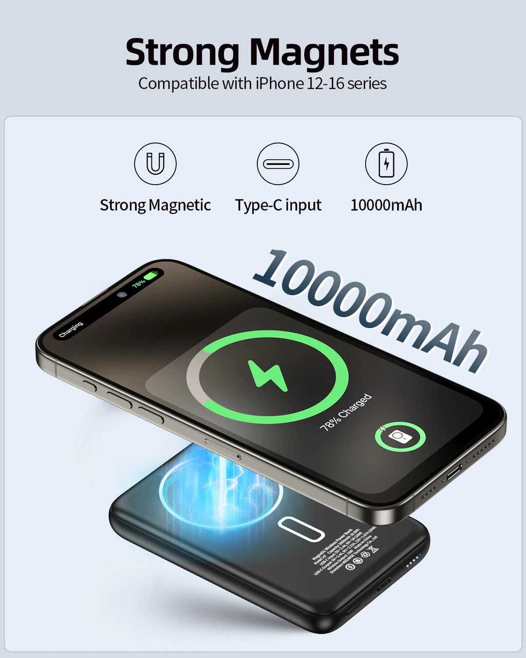 Magnetic Wireless 10000mAh Power Bank Fast Charging Metal Cool Touch Ultra-Thin Portable PD20W Powerbank for iPhone Xiaomi