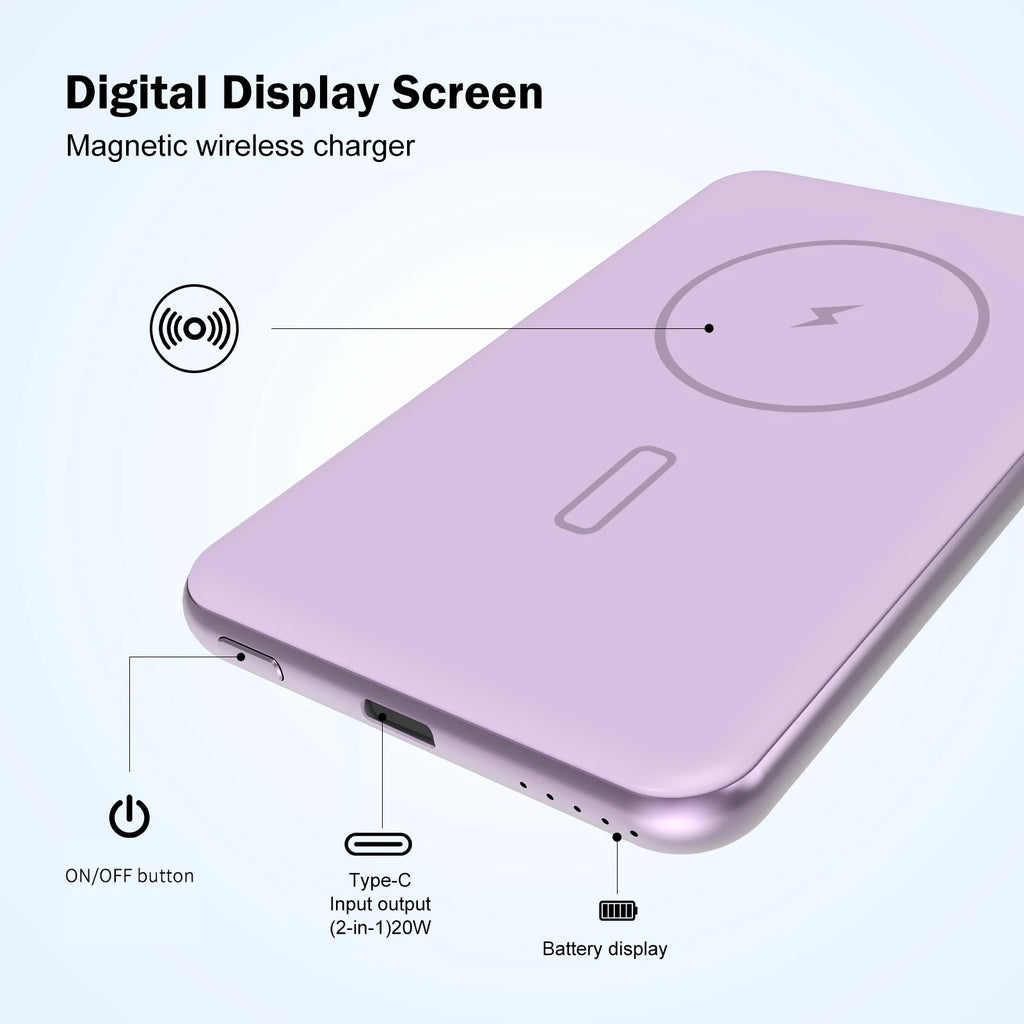 Magnetic Wireless Fast Charging 5000mAh Power Bank for iPhone 2 in 1 PD20W Metal LED Lamp Slim Portable Powerbank for iPhone
