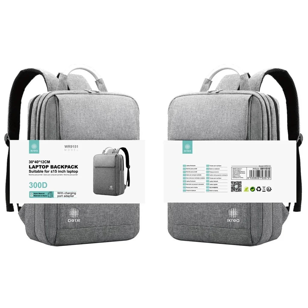IKREA WR9151 300D Nylon Laptop Backpack with USB Charging Port, Grey - Laptop Backpacks & Accessories