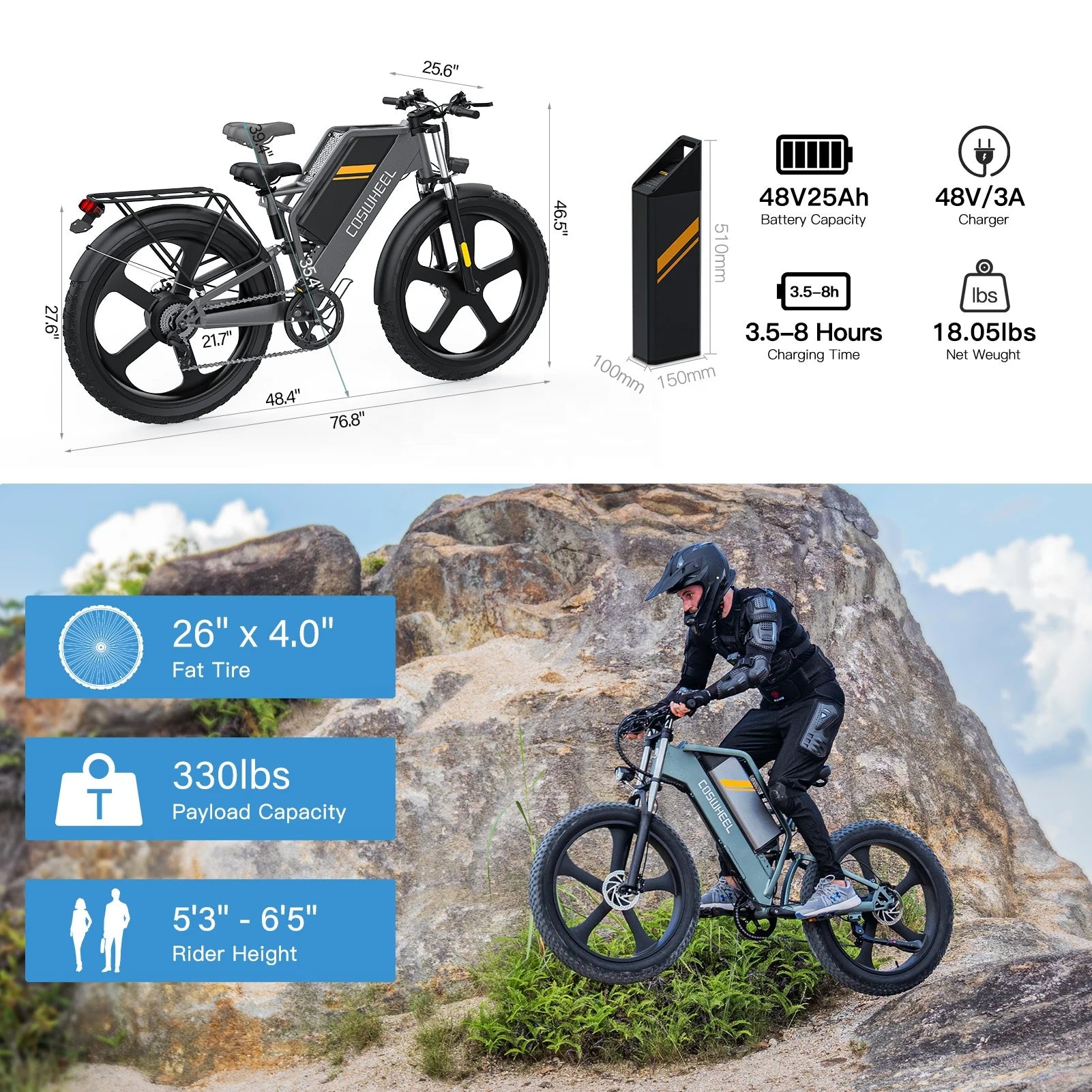 Coswheel T26 Long Range E-Bicycle Electric Covered Road Fat Tire Mountain Dirt City Bike E-Bike Electric Bicycle Ebike Eu Stock