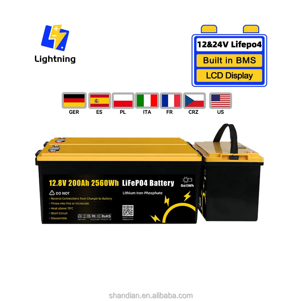 GoKWh EU Stock Lithium Iron Phosphate 12v 24v Lithium Ion Battery 100ah 200ah 300 Lifepo4 Solar Storage Battery Grade A