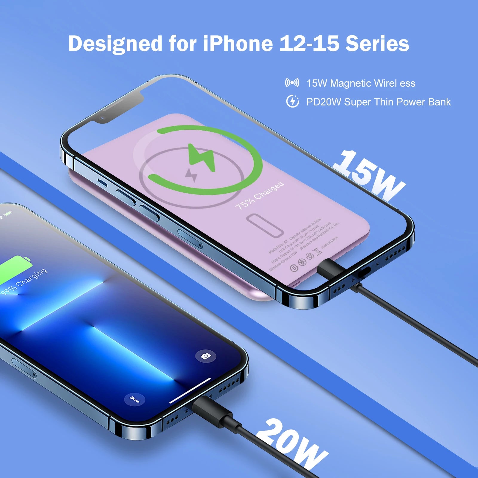 Magnetic Wireless Fast Charging 5000mAh Power Bank for iPhone 2 in 1 PD20W Metal LED Lamp Slim Portable Powerbank for iPhone