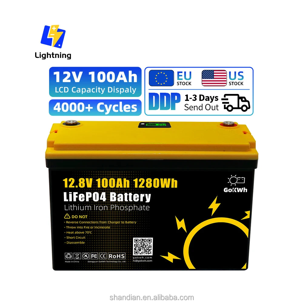 GoKWh EU Stock Lithium Iron Phosphate 12v 24v Lithium Ion Battery 100ah 200ah 300 Lifepo4 Solar Storage Battery Grade A