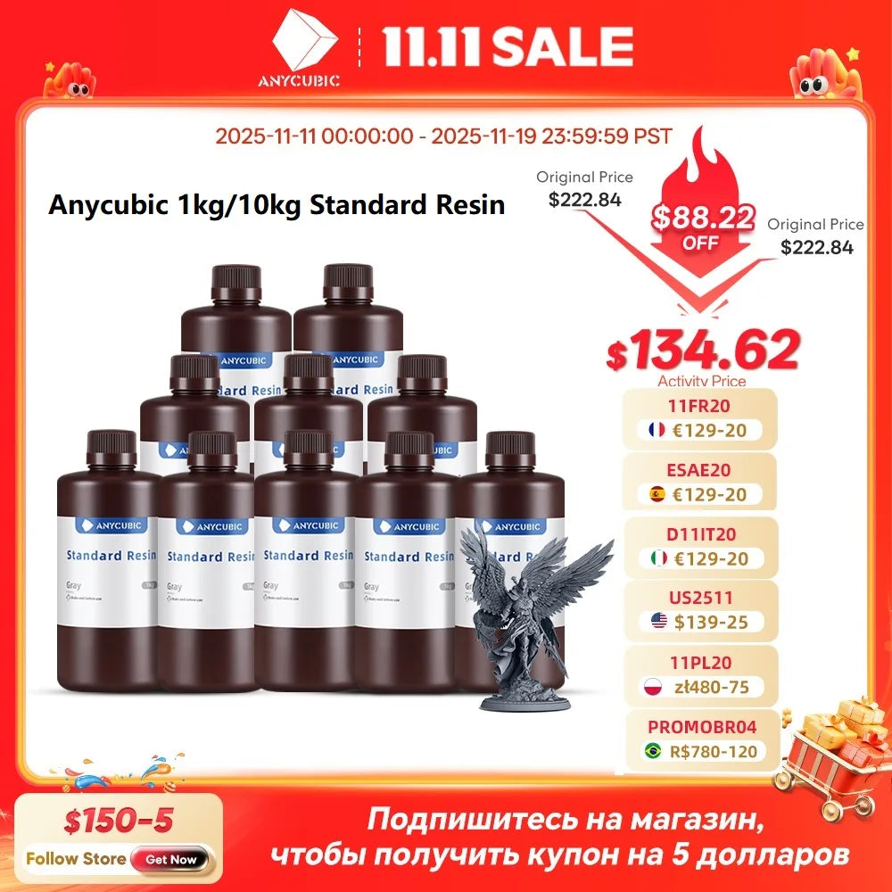 ANYCUBIC 1kg/10kg Liquid Photopolymer Standard Resin 405nm UV Resin For 3D Printer LCD Printing Resin Material For Photon Mono